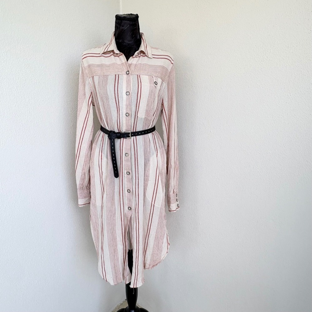We The Free Cotton Striped Button Front Shirt Dress Womens XS Cream Red Boho‎
